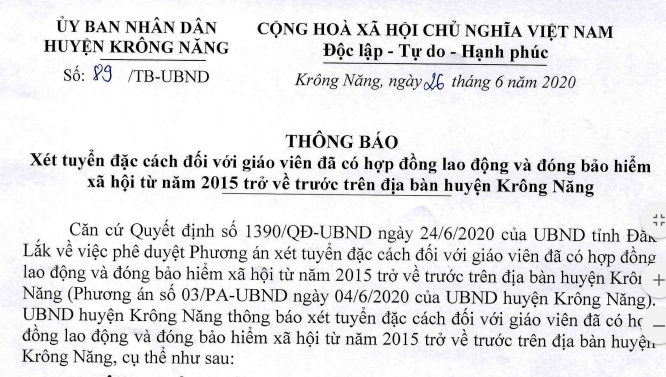 [89/TB-UBND - 26/06/2020] Thông báo xét tuyển đặc cách đối với giáo viên đã có hợp đồng lao động và đóng bảo hiểm xã hội từ năm 2015 trở về trước trên địa bàn huyện Krông Năng