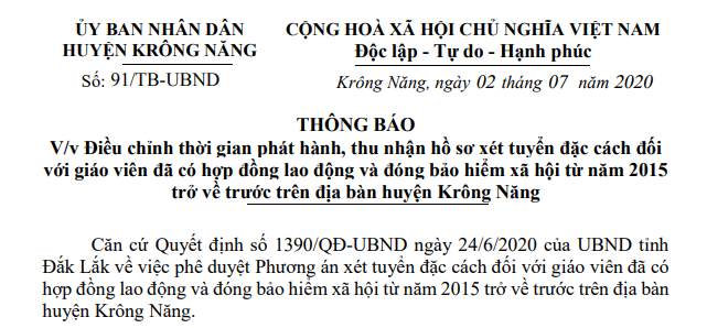 [91/TB-UBND - 02/07/2020] Thông báo về việc điều chỉnh thời gian phát hành, thu nhận hồ sơ xét tuyển đặc cách đối với giáo viên đã có hợp đồng lao động và đóng bảo hiểm xã hội từ năm 2015 trở về trước trên địa bàn huyện Krông Năng