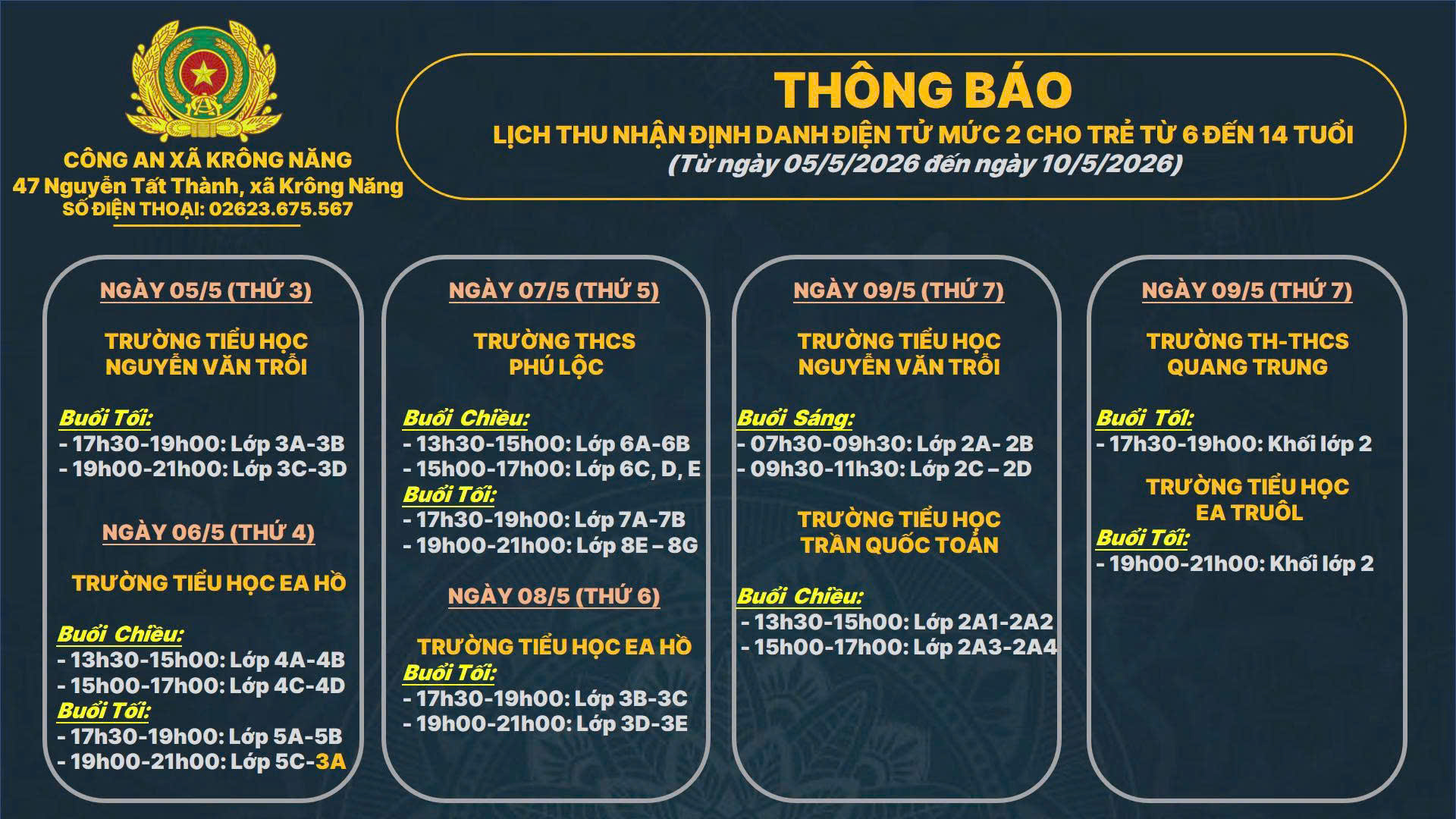 LỊCH THU NHẬN ĐỊNH DANH ĐIỆN TỬ MỨC 2 CHO TRẺ TỪ 6 - 14 TUỔI