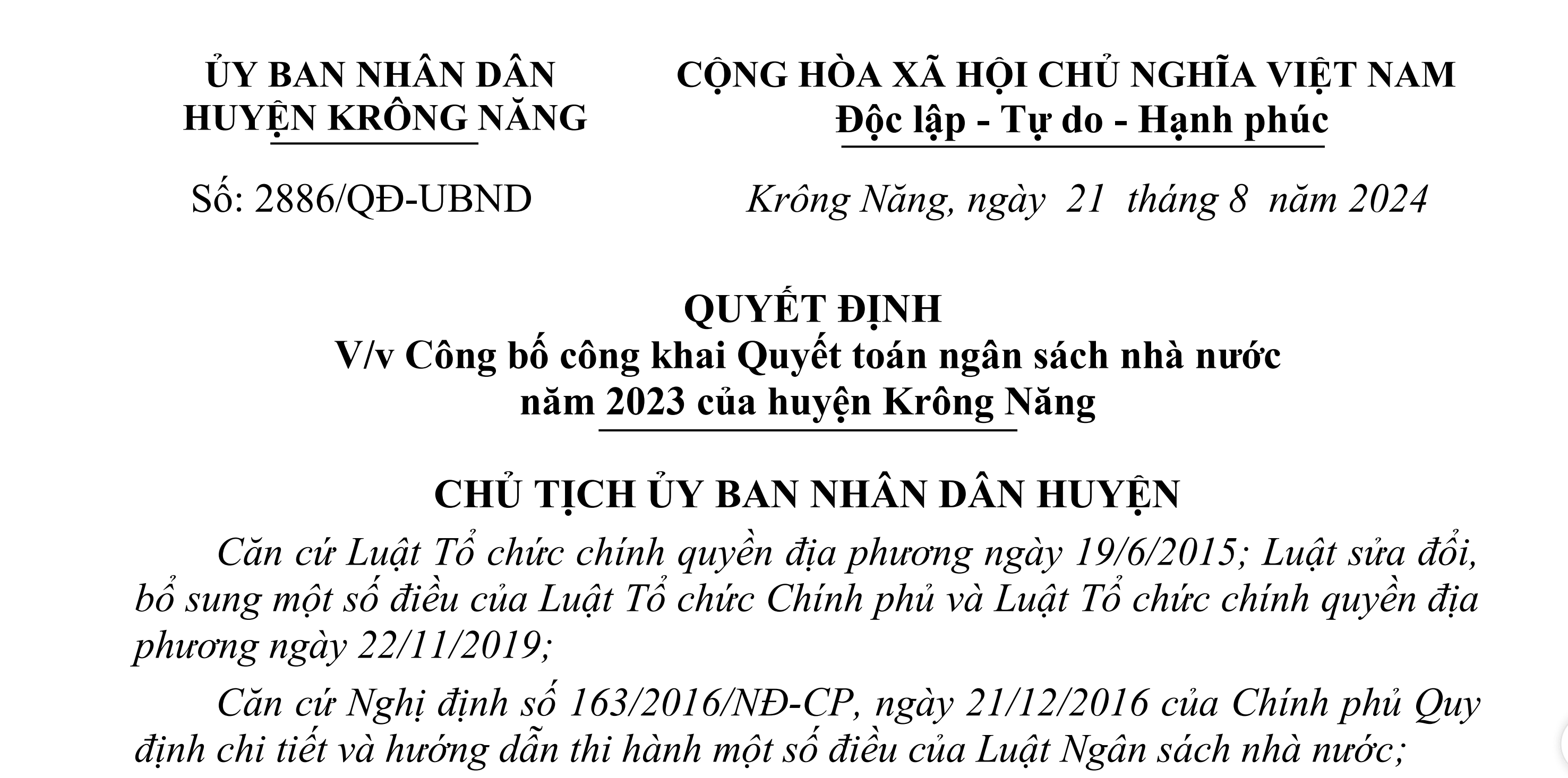 V/v Công bố công khai Quyết toán ngân sách nhà nước năm 2023 của huyện Krông Năng