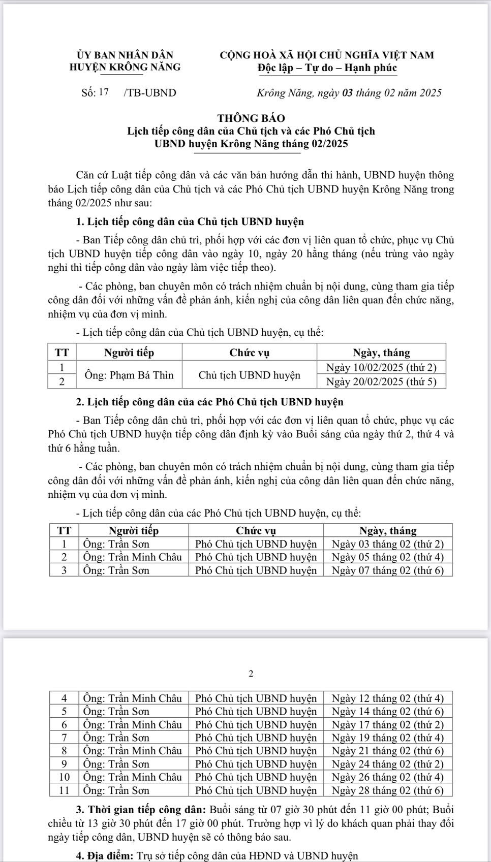Thông báo Lịch tiếp công dân của Chủ tịch và các Phó Chủ tịch UBND huyện Krông Năng tháng 02/2025
