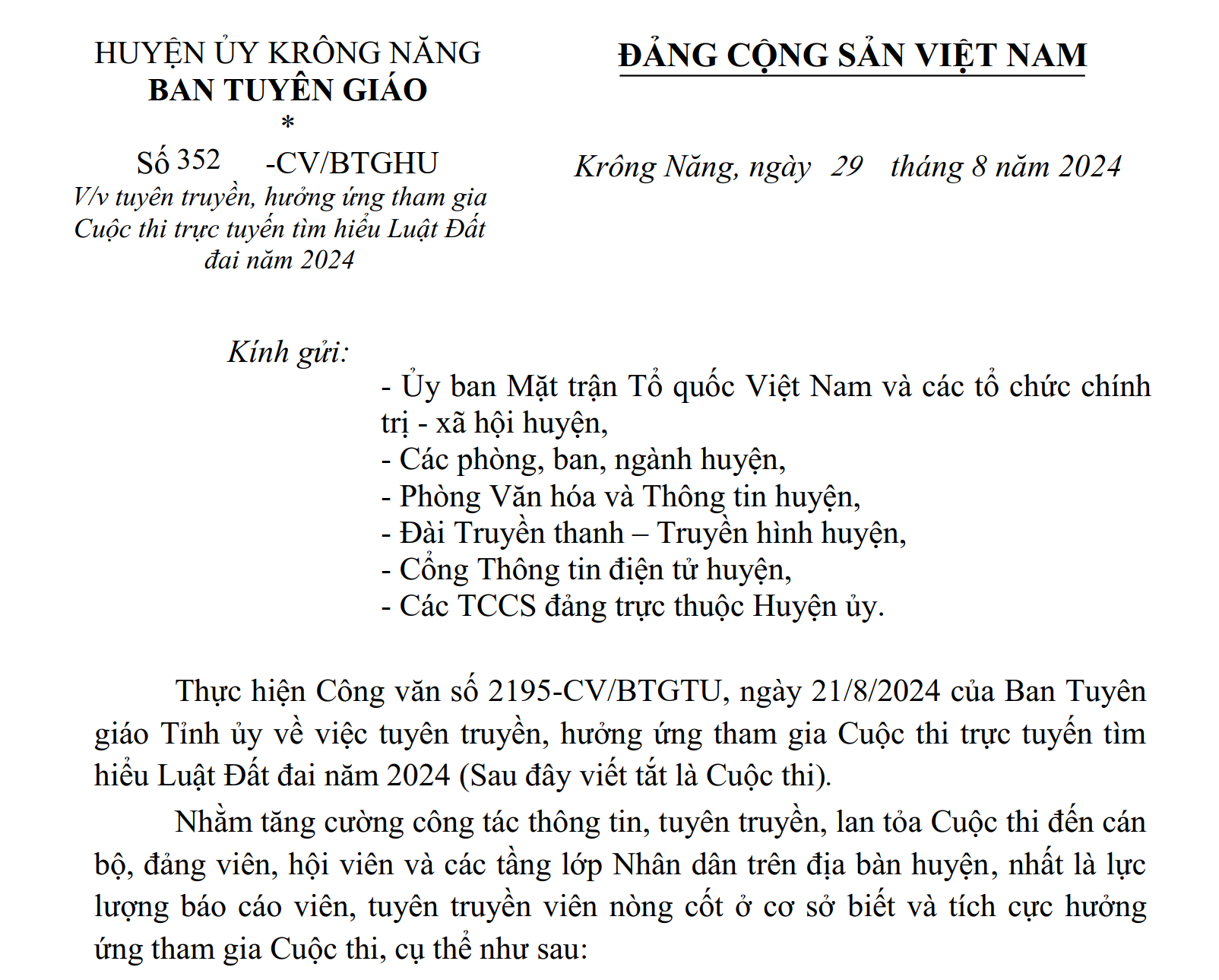 V/v tuyên truyền, hưởng ứng tham gia Cuộc thi trực tuyến tìm hiểu Luật Đất đai năm 2024 trên địa bàn huyện Krông Năng