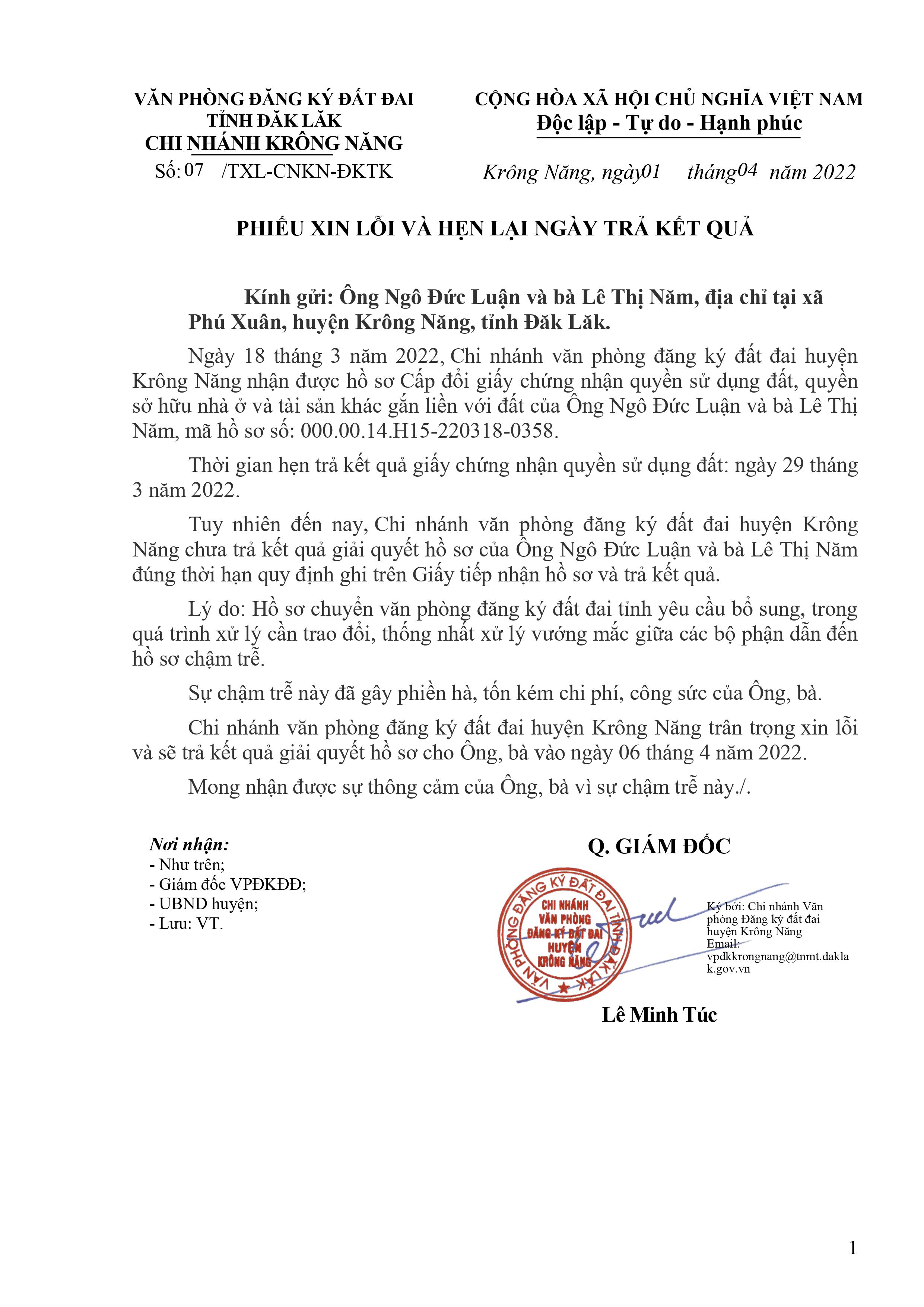 Phiếu xin lỗi ông Ngô Đức Luận tại xã Phú Xuân, huyện Krông Năng, tỉnh Đắk Lắk