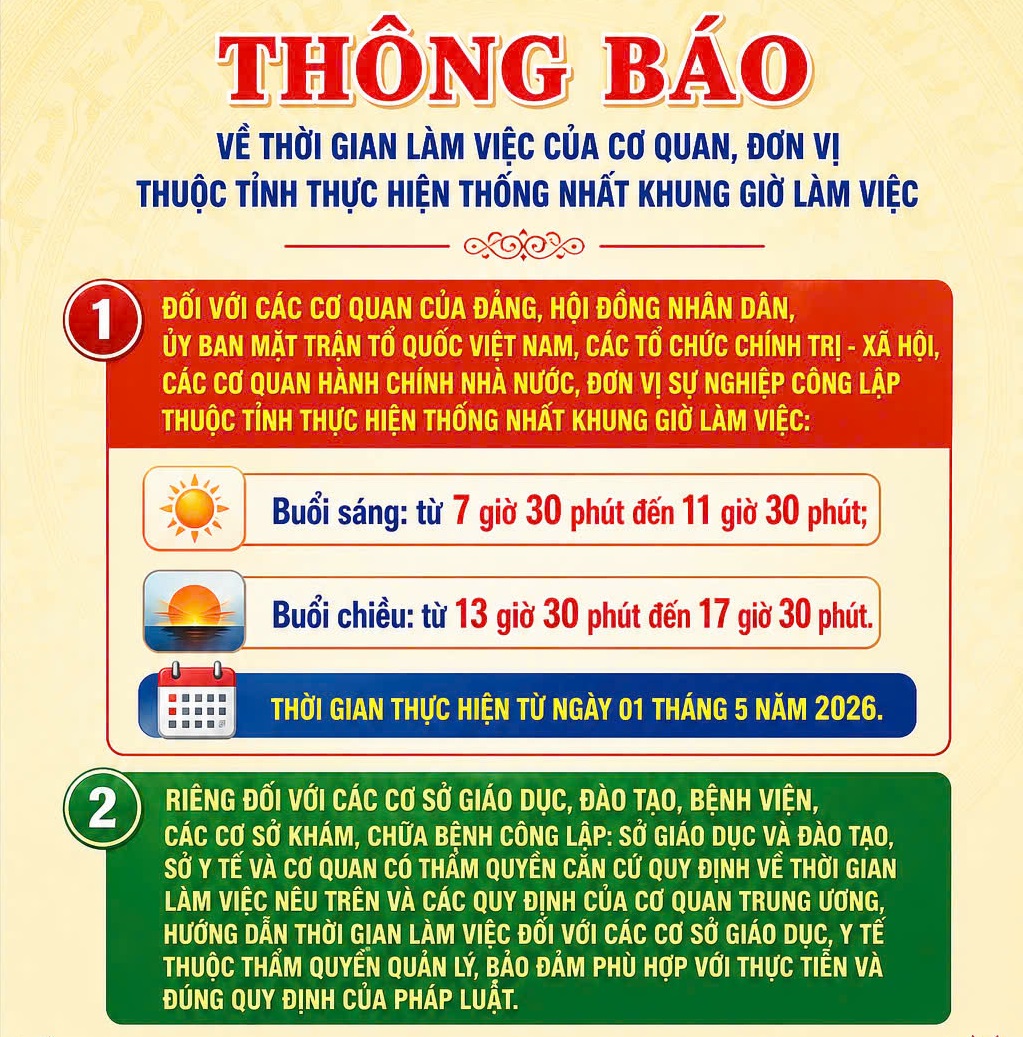Điều chỉnh giờ làm việc hành chính từ ngày 01/5/2026